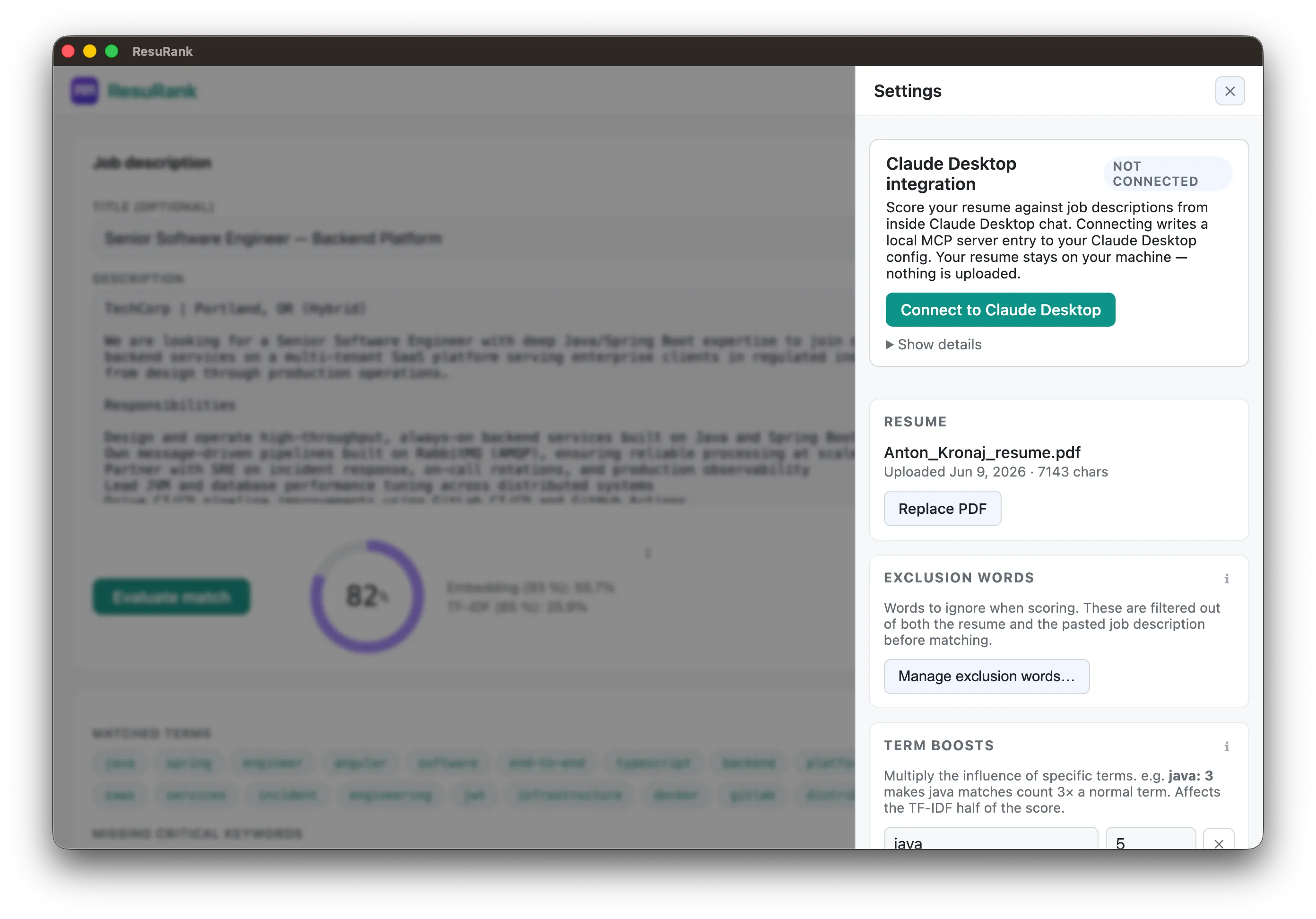 ResuRank's settings panel showing the Claude Desktop MCP integration status, connected and ready to score resumes from inside Claude