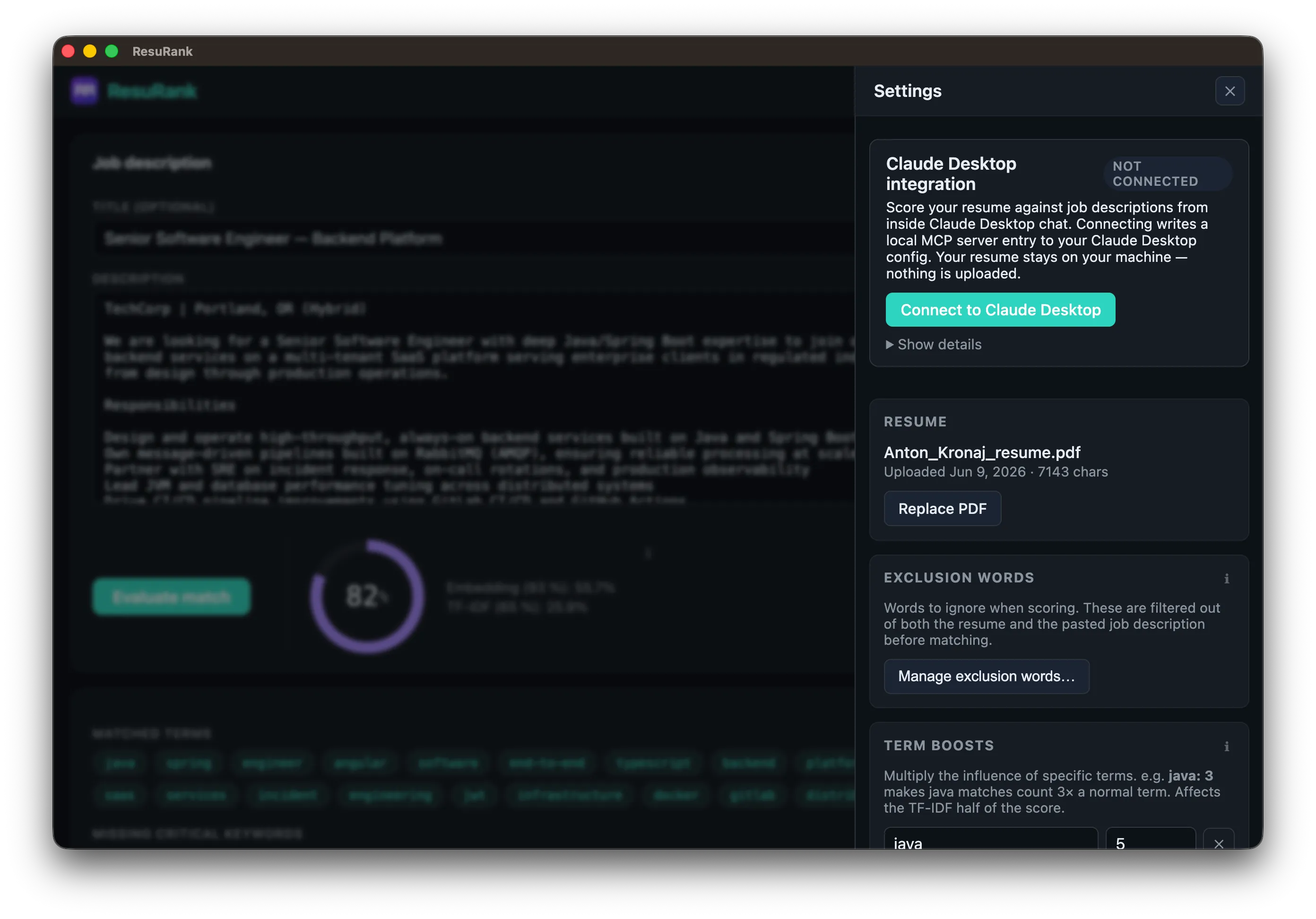 ResuRank's settings panel showing the Claude Desktop MCP integration status, connected and ready to score resumes from inside Claude